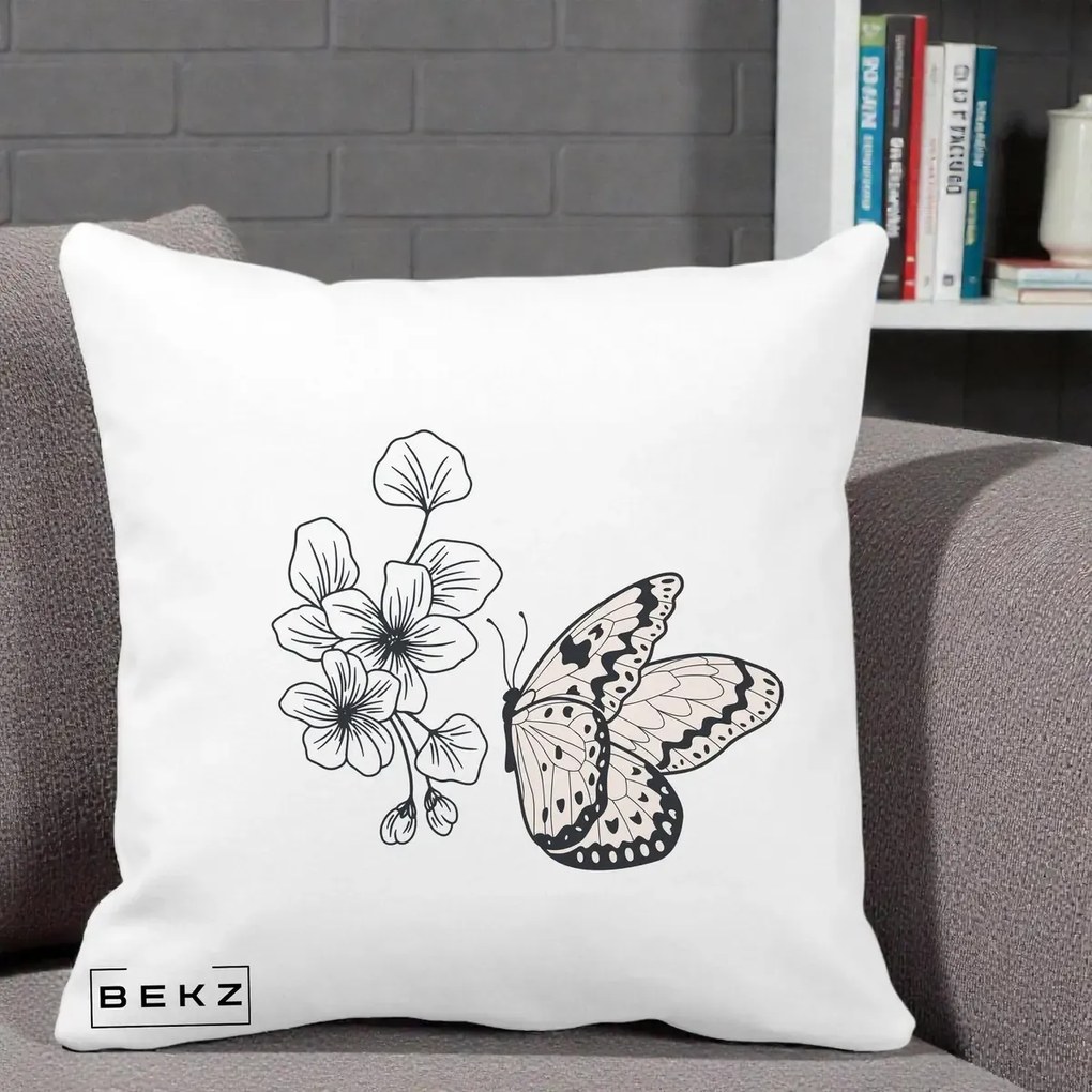Perna Decorativa Fluture si Flori Linie Monocroma, 40x40 cm, Alba Mata, Husa Detasabila, Perna Inclusa, BEKZ®