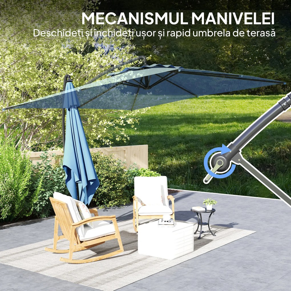 Outsunny Umbrelă de Soare Suspendată cu Rotire la 360°, Mâner cu Manivelă și Înclinare, 300x325x230 cm, Kaki | Aosom Romania