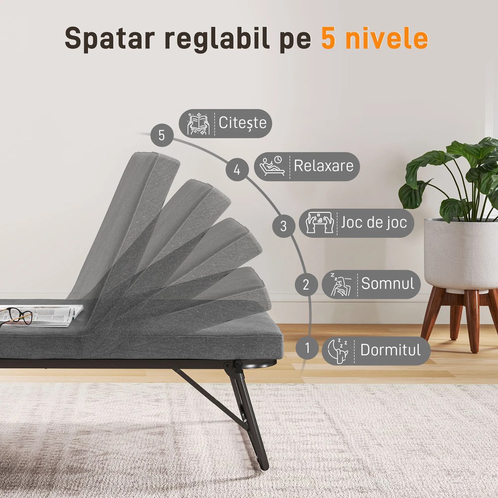 HOMCOM Pat Pliant cu Saltea, Spătar Reglabil pe 5 Nivele, 4 Roți și Cadru din Metal cu Bare, 180x70x38 cm, Gri | Aosom Romania