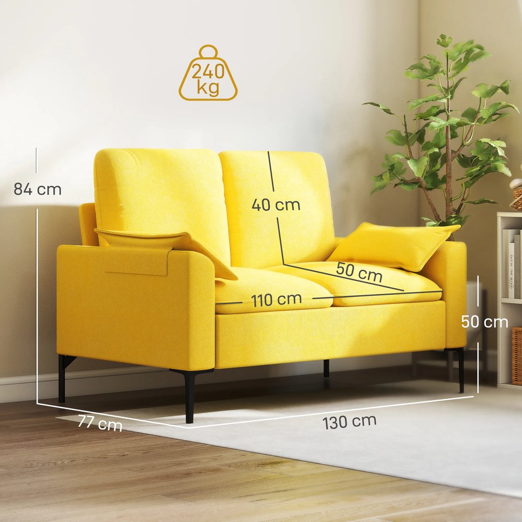 HOMCOM Divan cu Două Locuri Îmbunătățit în Material Textil de Tip Spugna cu Perne Detașabile, Divan Compact Modern cu Brațe și Picioare Metalice pentru Sufragerie, Dormitor, 130x77x84 cm, Galben | Aosom Romania