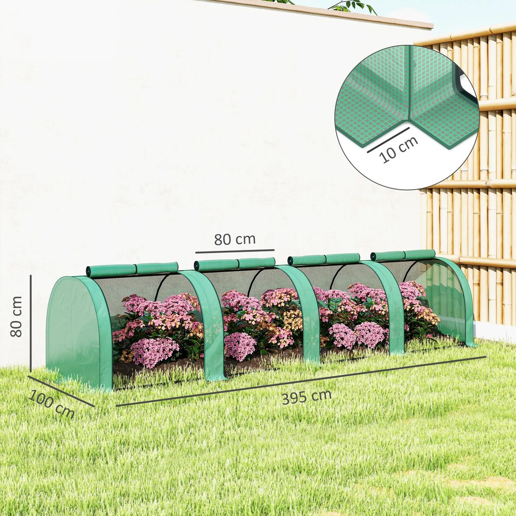 Outsunny Seră Portabilă Tip Tunel 4x1x0.8 m cu 4 Uși cu Fermoar, Acoperire PVC Rezistentă la Apă/UV | Aosom Romania
