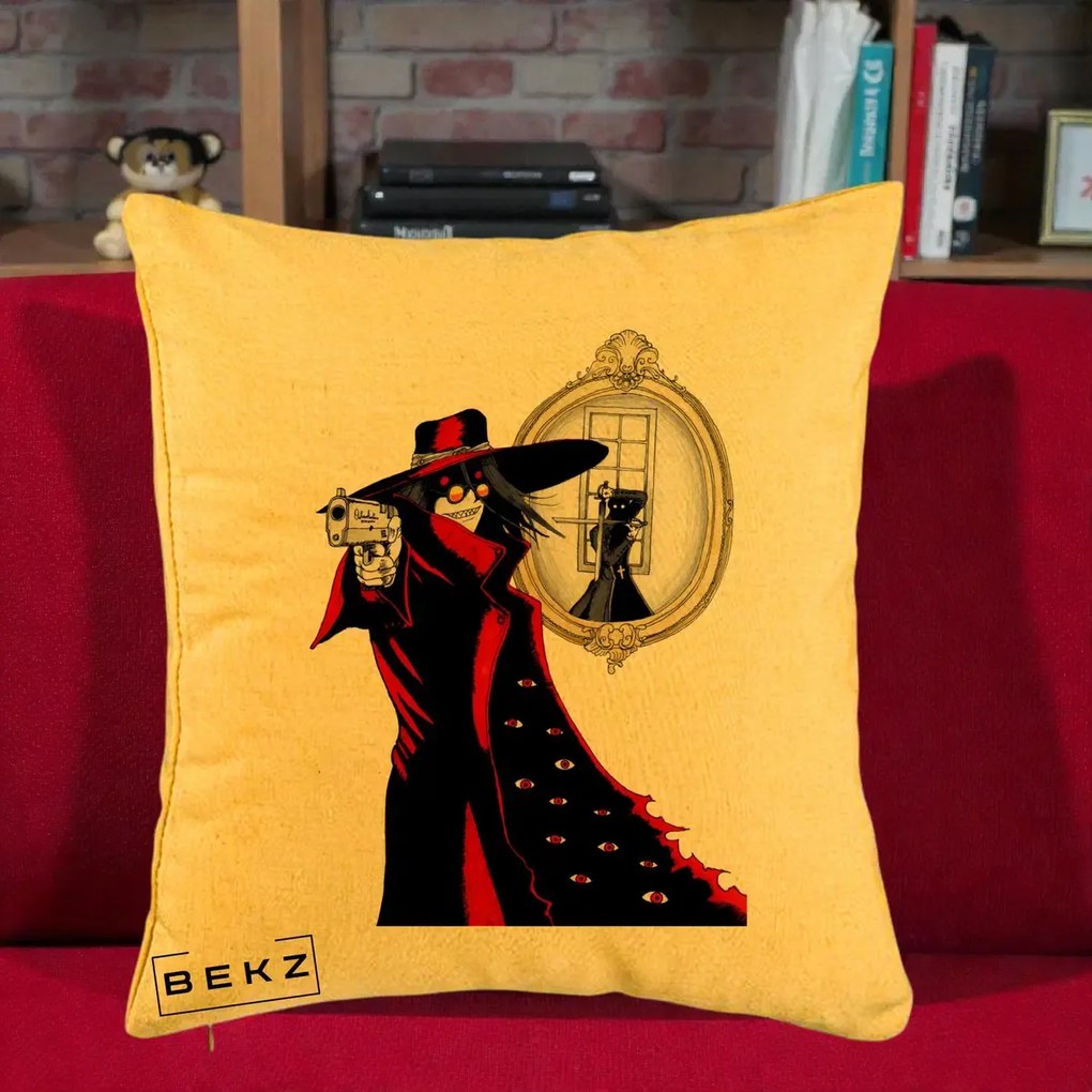 Perna Personalizata Hellsing Alucard cu Pistoale, 40x40 cm, Galben, Husa Detasabila, Perna Inclusa, BEKZ®