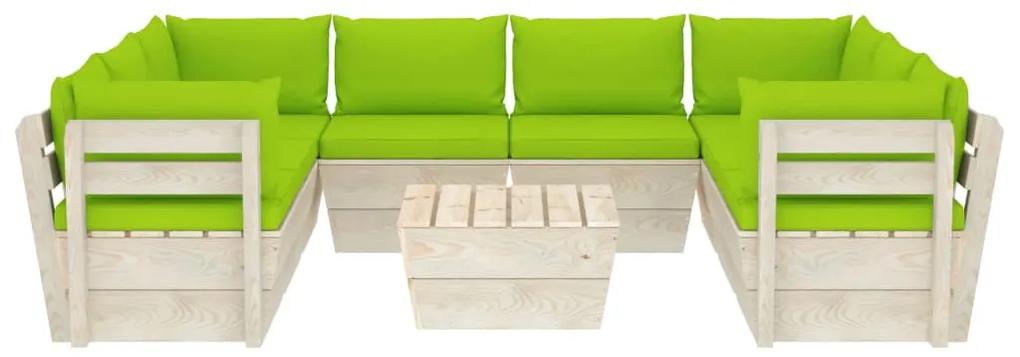 Set mobilier gradina din paleti, 9 piese, cu perne, lemn de molid verde aprins, 4x mijloc + 4x colt + masa, 1