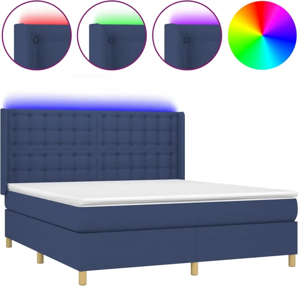 vidaXL Pat cu arcuri, saltea și LED, albastru, 180x200 cm, textil