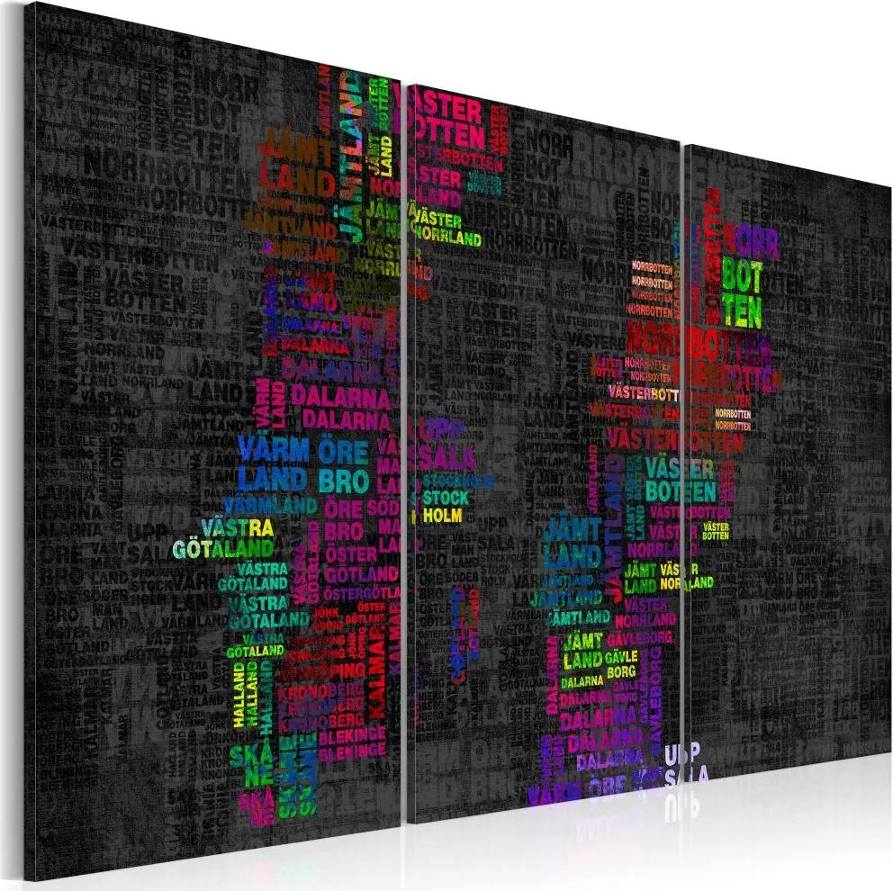 Tablou Bimago - Map of Sweden (colored names of cities) - triptych 60x40 cm