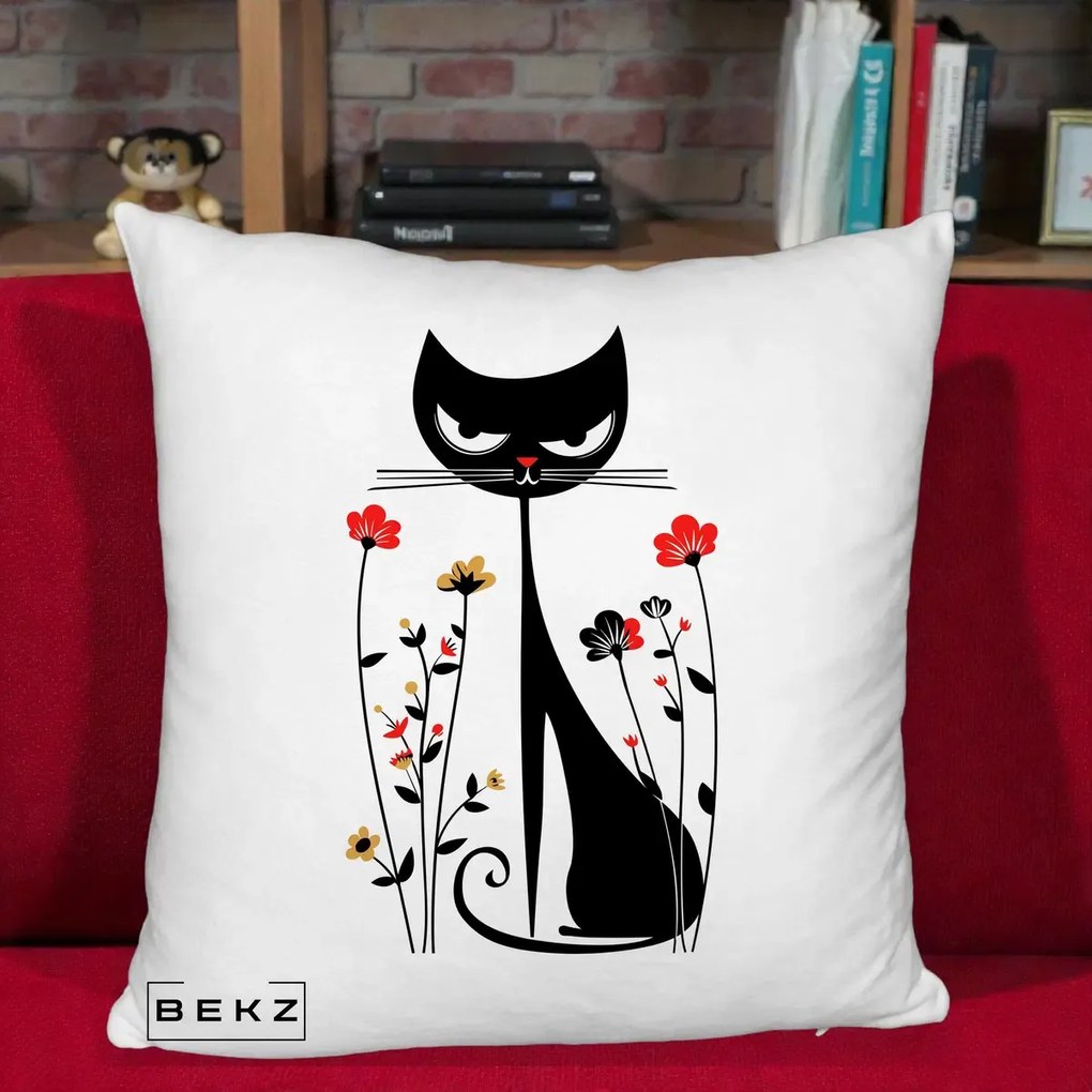 Perna Decorativa Pisica Neagra Grafica Flori Rosii, 40x40 cm, Alb Pufos, Husa Detasabila, Perna Inclusa, BEKZ®