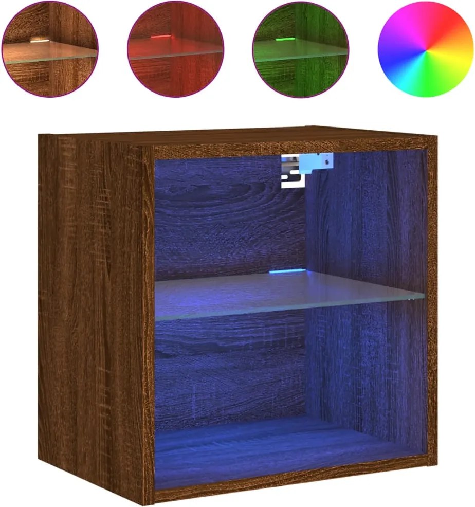 vidaXL Noptieră cu lumini LED montată pe perete, stejar maro