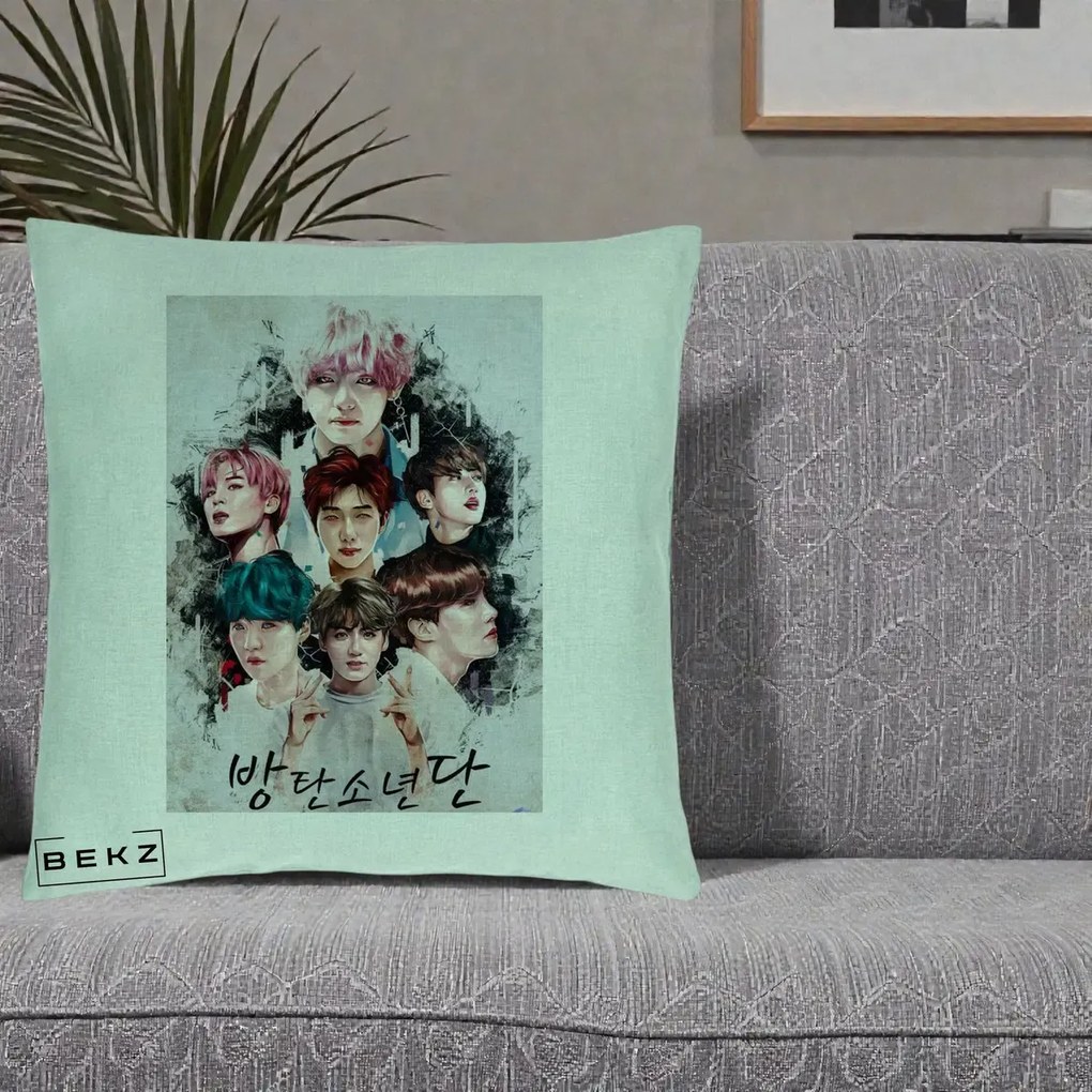 Perna Personalizata K-pop BTS Bangtan Boys Poster Artistic Negru Alb, 40x40 cm, Verde Menta, Husa Detasabila, Perna Inclusa, BEKZ®