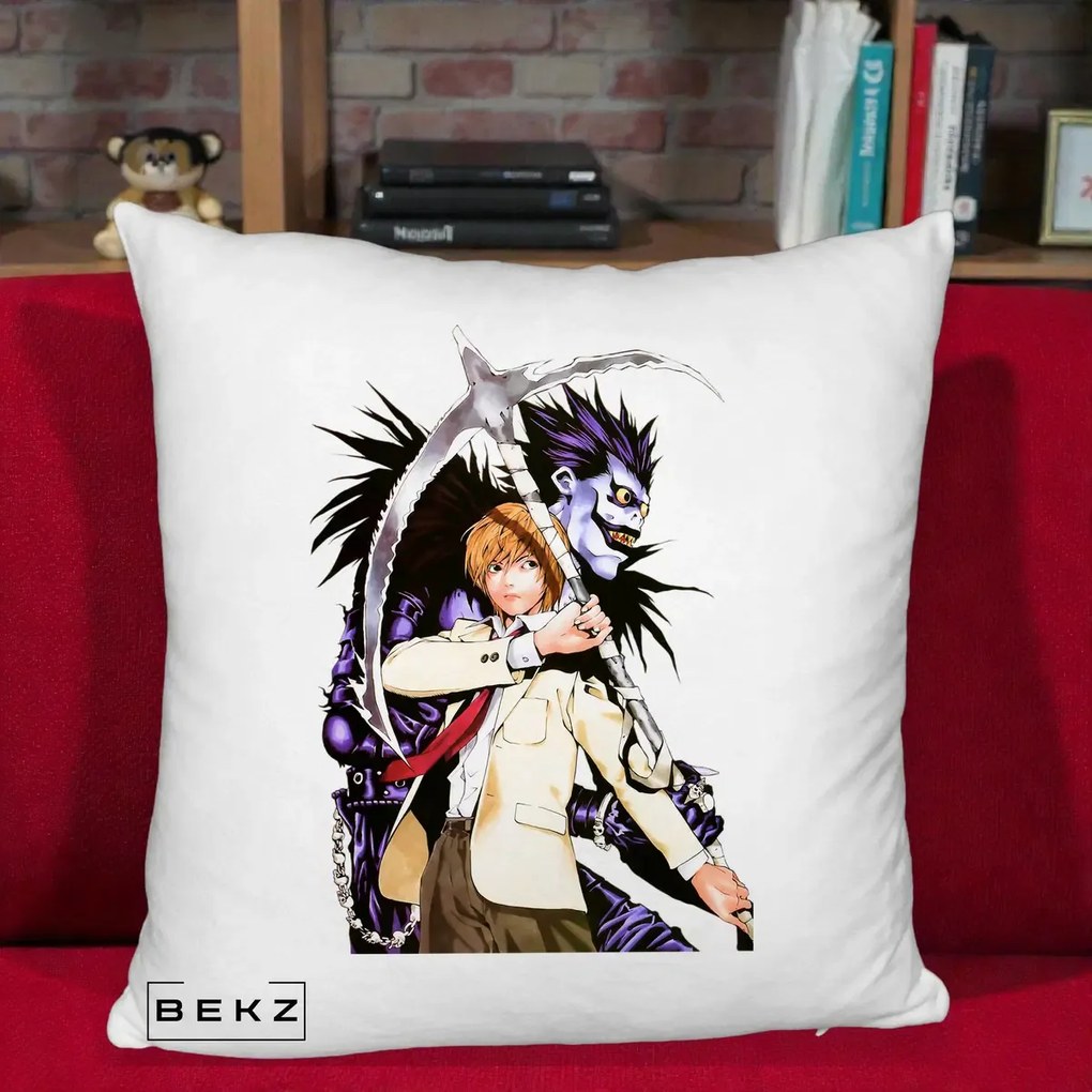 Perna Personalizata Death Note Light si Ryuk Duo, 40x40 cm, Alb Pufos, Husa Detasabila, Perna Inclusa, BEKZ®
