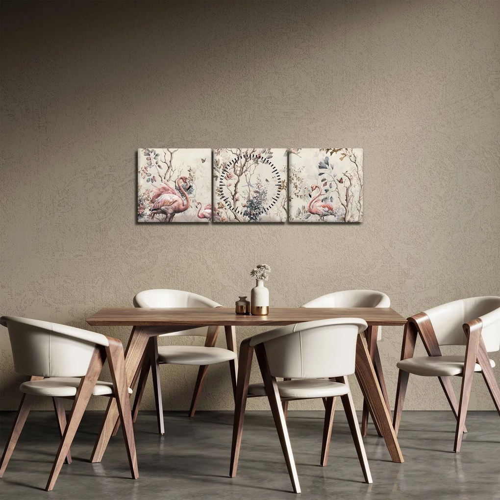 Tablou - Desen de flamingo (cu ceas) (90x30 cm)