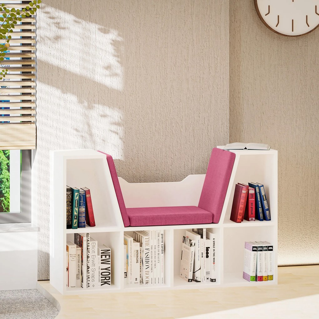 HOMCOM Bibliotecă Banc 2 în 1 Design Contemporan 6 casete 3 Perne incluse 102L x 30l x 61H cm Alb Roz | Aosom Romania