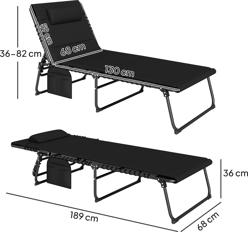 Outsunny Set de 2 șezlonguri pliante pentru grădină cu pernă, spătar reglabil în 5 poziții, buzunar lateral, Negru | Aosom Romania