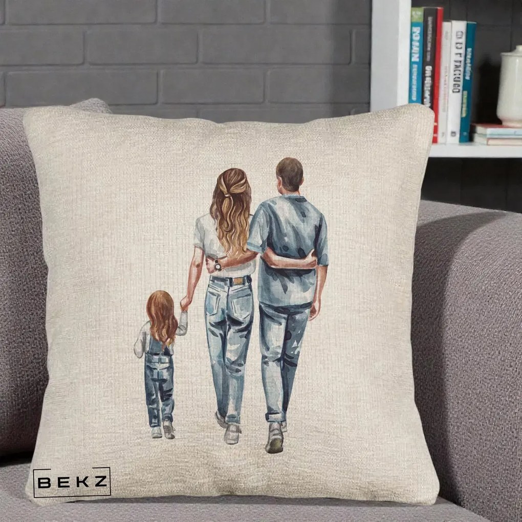 Cadou pentru Familie - Perna Personalizata Familie Acuarela Jeans, 40x40 cm, Bej Canapea, Husa Detasabila, Perna Inclusa, BEKZ®
