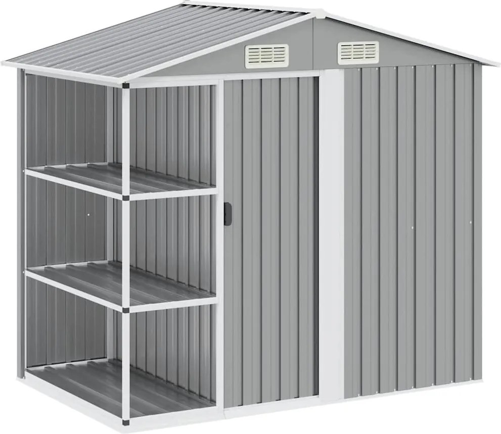 vidaXL Șopron de grădină cu etajeră, gri, 205 x 130 x 183 cm, fier