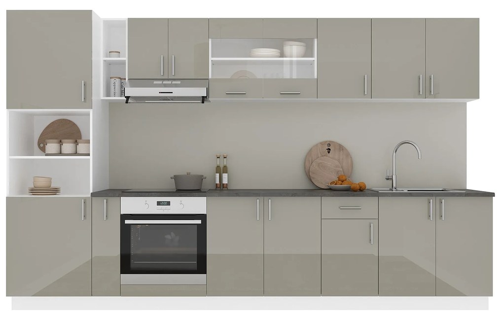 Set Bucatarie Karo V33, Gri Lucios/Alb, MDF, Blat Thermo 28 mm, L 340 cm