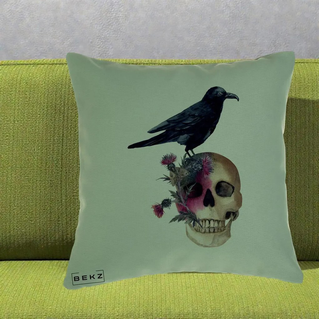 Perna Decorativa Craniu cu Corb si Flori Gothic, 40x40 cm, Verde, Husa Detasabila, Perna Inclusa, BEKZ®