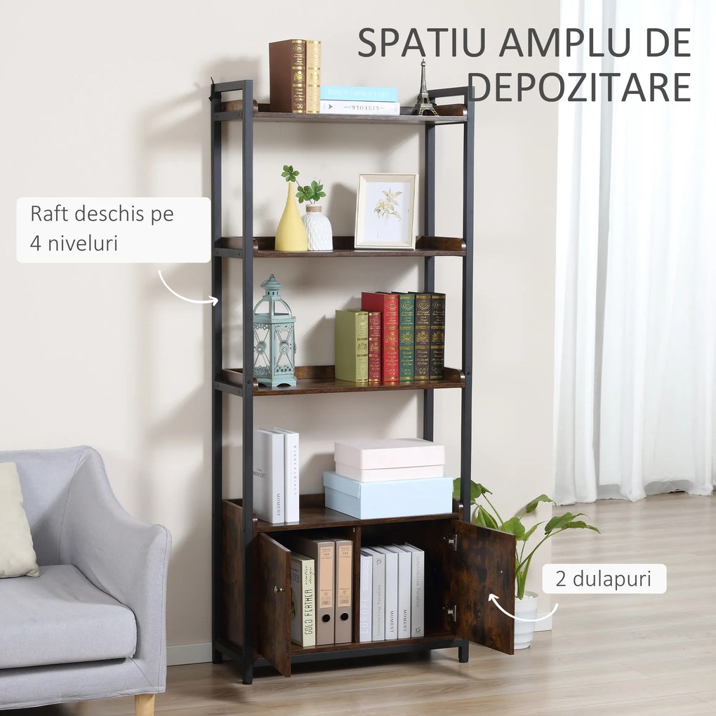 Biblioteca cu 4 rafturi si un dulap cu 2 compartimente, cu 2 usi, stil industrial, maro 75x30x180cm HOMCOM | Aosom Romania