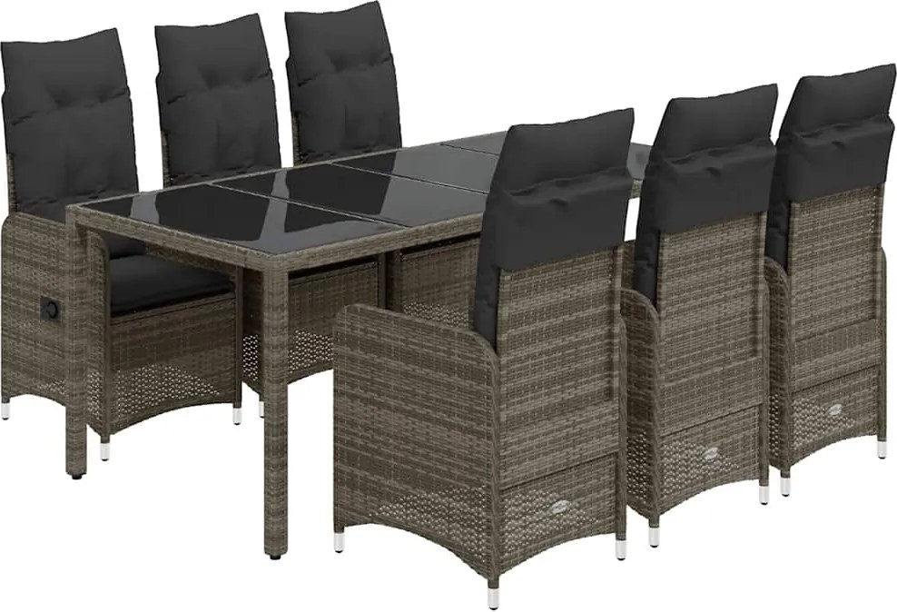 vidaXL Set bistro de grădină cu perne, 7 piese, gri, poliratan