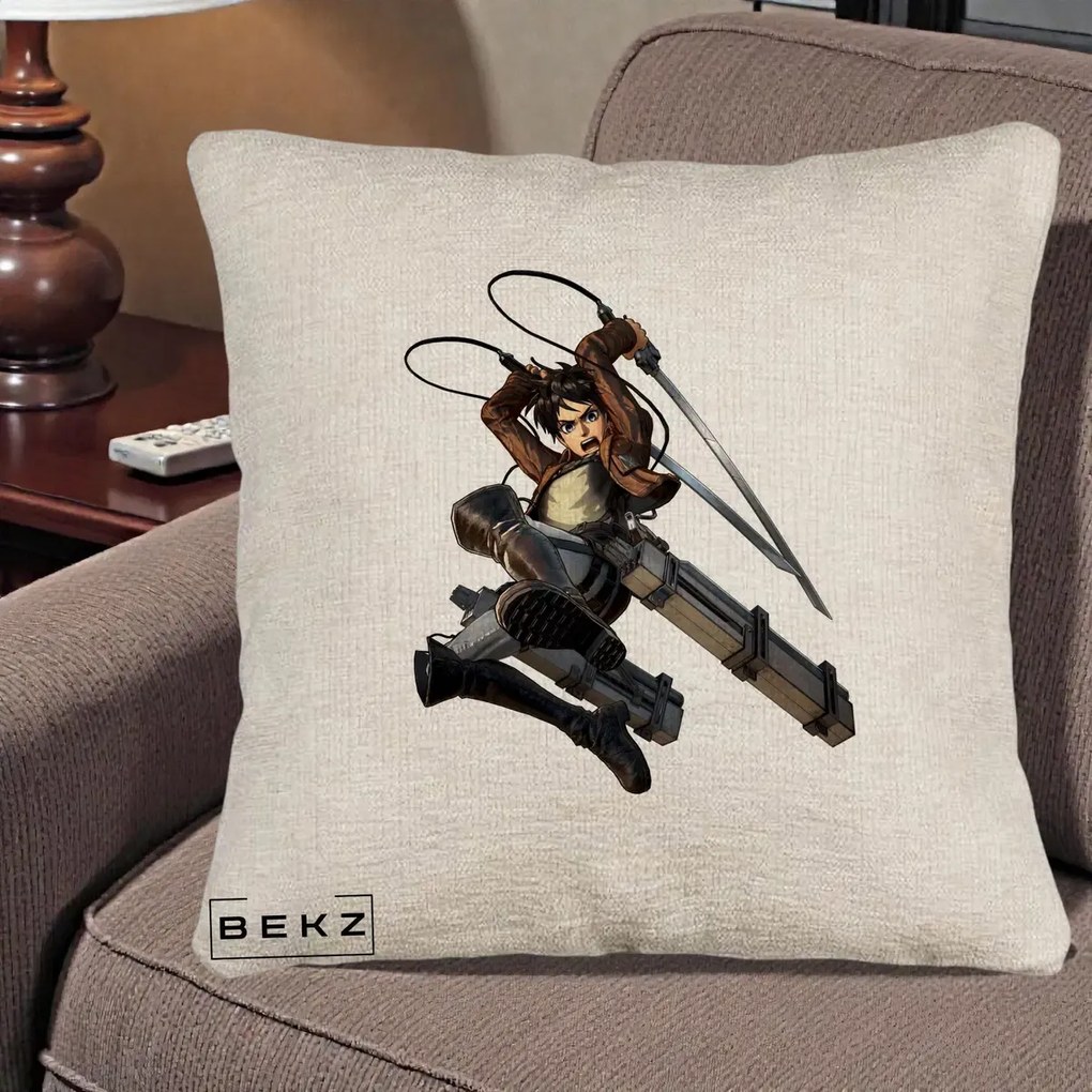 Perna Personalizata Attack on Titan Eren Yeager Lupta, 40x40 cm, Bej Canapea, Husa Detasabila, Perna Inclusa, BEKZ®