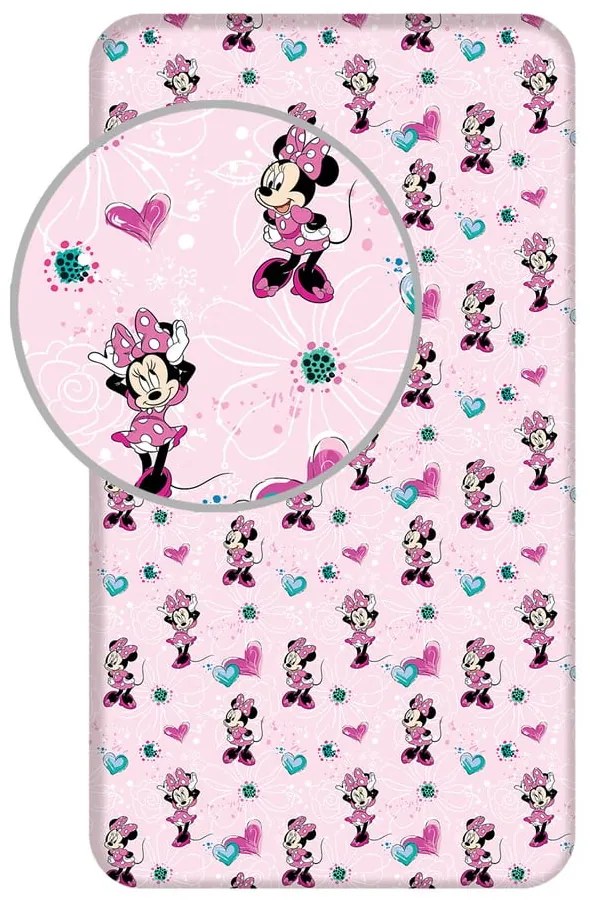 Cearceaf pentru copii roz din bumbac cu elastic 90x200 cm Minnie "Flowers" – Jerry Fabrics