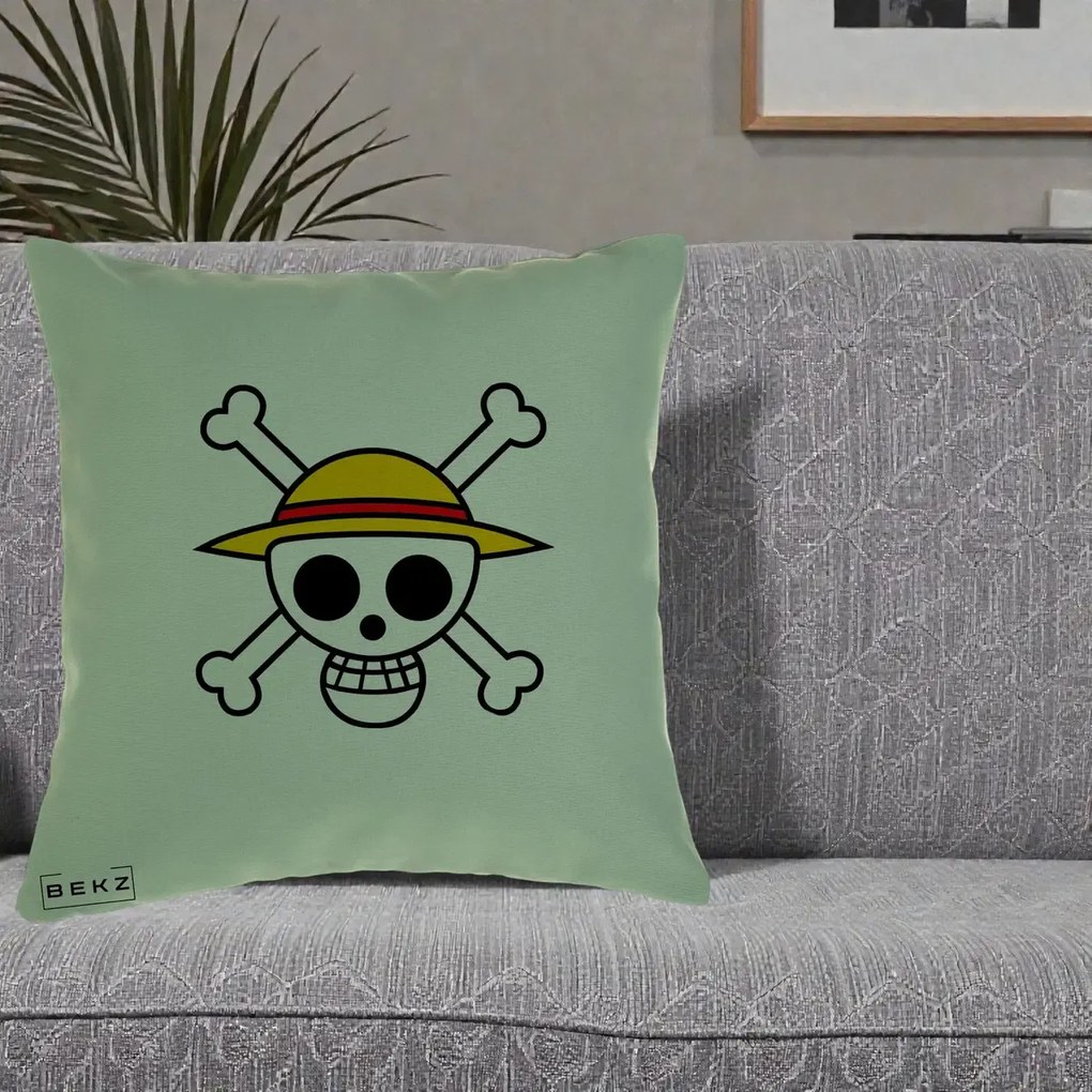 Perna Personalizata One Piece Jolly Roger Straw Hat Pirates, 40x40 cm, Verde, Husa Detasabila, Perna Inclusa, BEKZ®