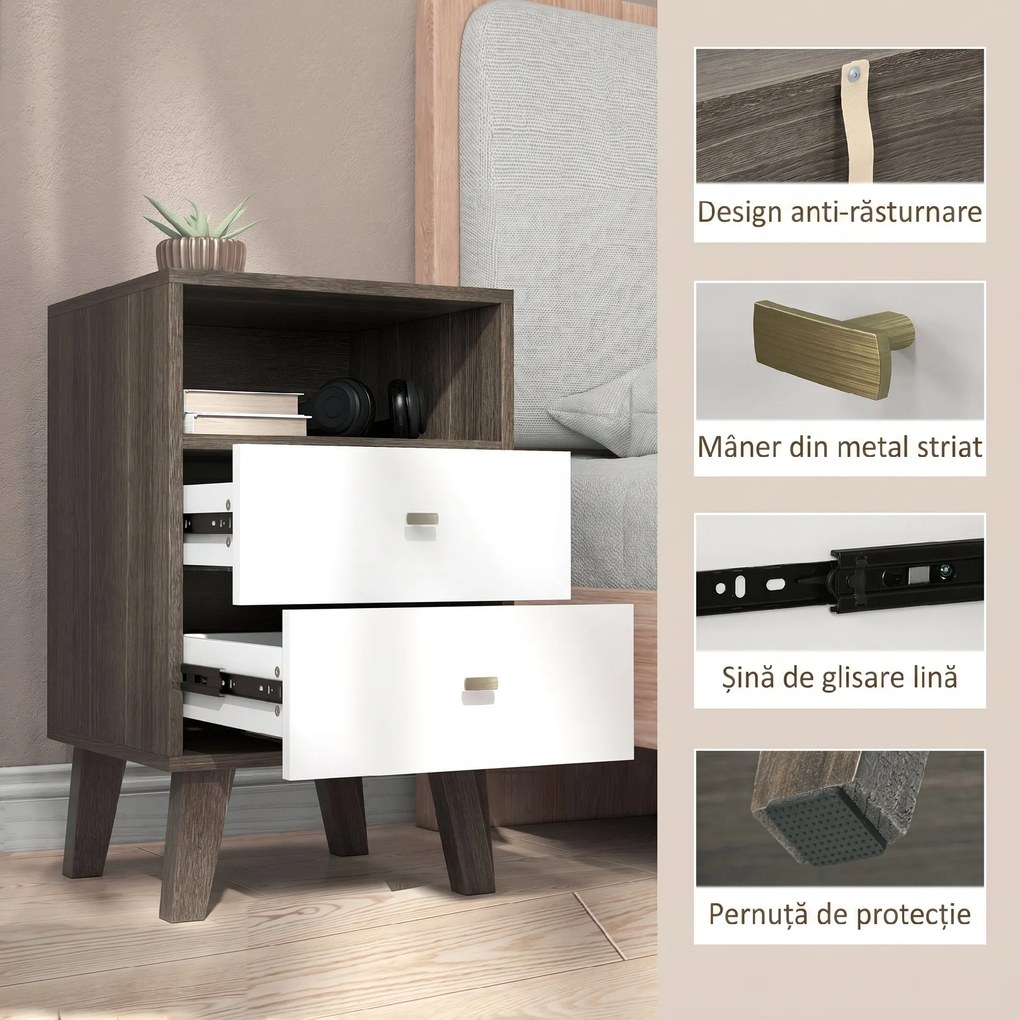 HOMCOM Set de 2 Noptiere Moderne cu 2 Sertare și Spațiu Deschis, Măsuța Laterală pentru Dormitor, 40x34x64 cm, Gri