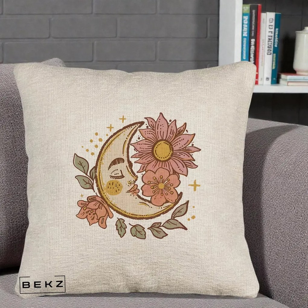 Perna Personalizata Luna Boho Chip Floral, 40x40 cm, Bej Canapea, Husa Detasabila, Perna Inclusa, BEKZ®
