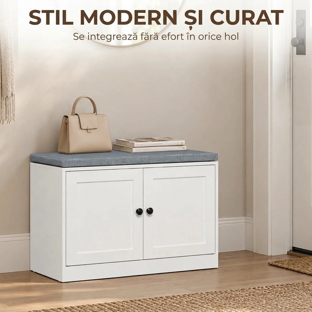 HOMCOM Bancă pentru pantofi cu pernă tapițată, 80x35,5x52,5 cm, alb | Aosom Romania
