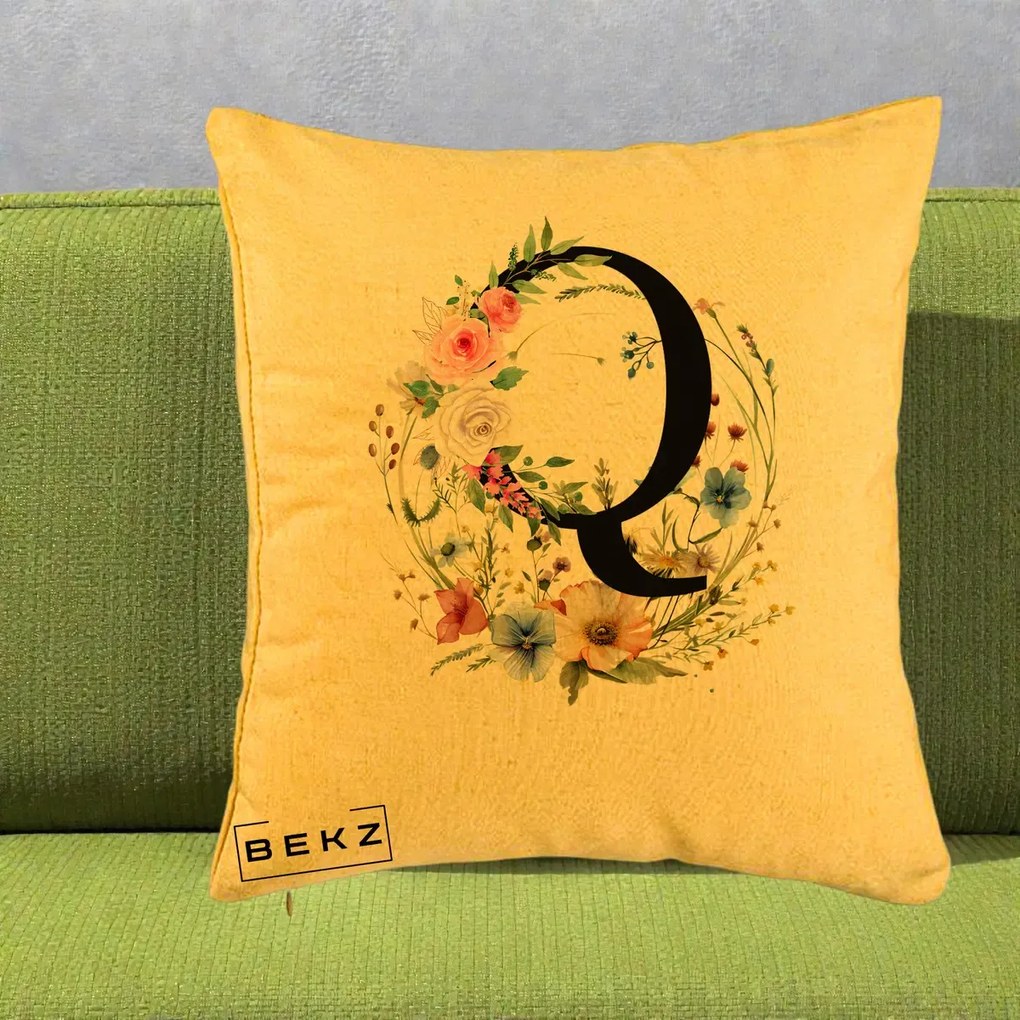 Cadou Personalizat - Perna Personalizata Monogram Litera Q cu Flori Acuarela, 40x40 cm, Galben, Husa Detasabila, Perna Inclusa, BEKZ®