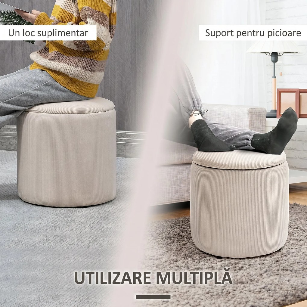 HOMCOM Set de 2 Pouf-uri pentru Depozitare Salvaspazio Rotunde și Îmbunătățite din Catifea cu Nervuri, Alb | Aosom Romania