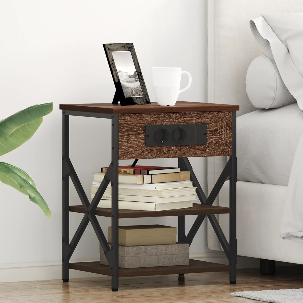 vidaXL Cabinet de noptiere cu stație de încărcare 2 pcs Stejar brun