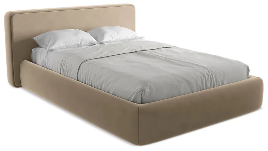 Pat matrimonial maro deschis tapițat cu spațiu de depozitare cu somieră 180x200 cm Kiana – Makamii