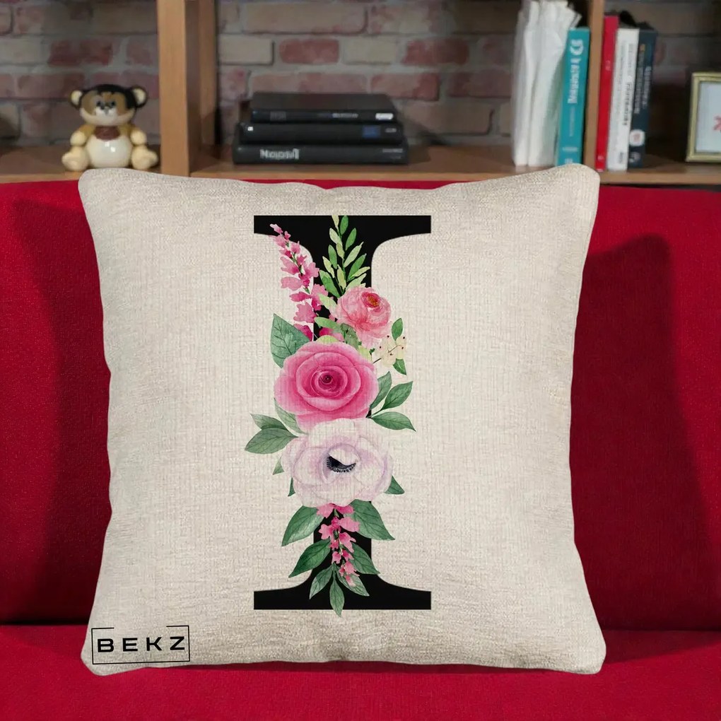 Cadou Personalizat - Perna Personalizata Monograma Florala Litera I, 40x40 cm, Bej Canapea, Husa Detasabila, Perna Inclusa, BEKZ®