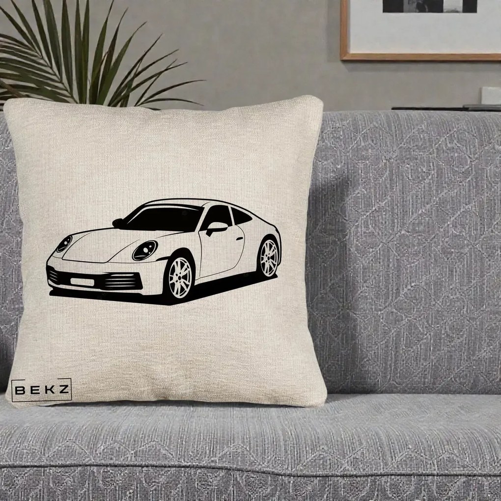 Perna Personalizata Porsche 911 Silueta, 40x40 cm, Bej Canapea, Husa Detasabila, Perna Inclusa, BEKZ®