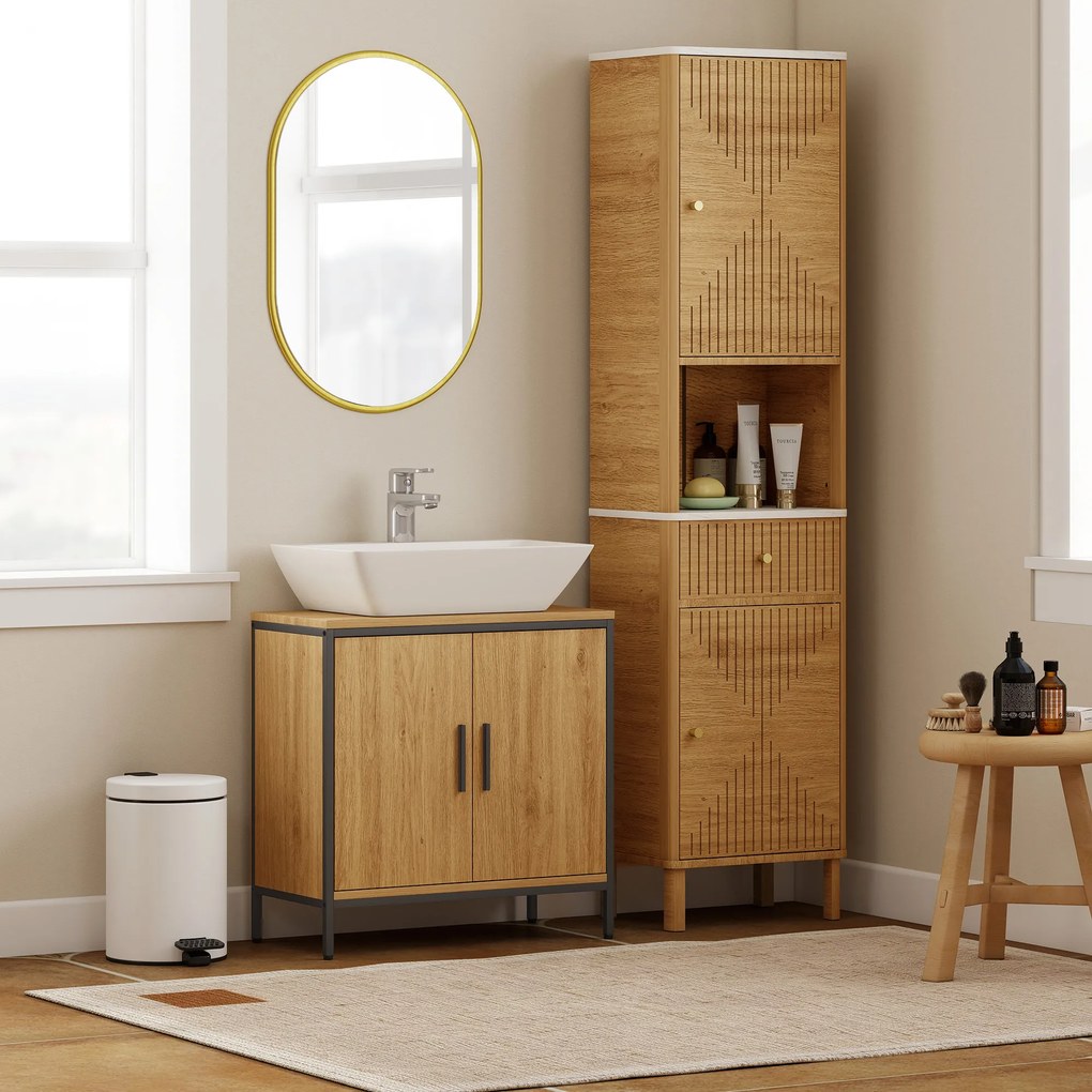 HOMCOM Dulap sub chiuvetă, dulap cu 2 uși, raft reglabil, 60x30x60 cm dulap de baie cu cadru din oțel, pentru chiuvete fără piedestal, stejar | Aosom Romania