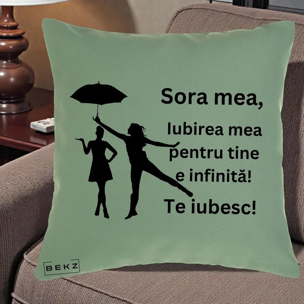 Cadou pentru Sora - Perna Personalizata Sora Mea Te Iubesc Siluete Negre cu Umbrela, 40x40 cm, Verde, Husa Detasabila, Perna Inclusa, BEKZ®
