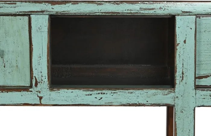 Consolă hol vintage din lemn de ulm, turcoaz, cu 2 sertare, 2 uși și zăvor din lemn, 88 x 170 x 49 cm, „Azure”