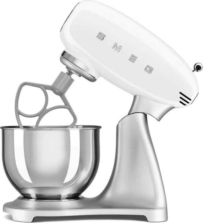 Mixer planetar Smeg SMF04WHEU, 800 W, 4,8 l, 10 viteze, funcție de pornire treptată, picioare antiderapante, alb/inoxidabil