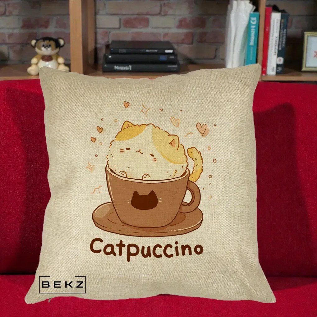 Perna Decorativa Catpuccino Pisica Cappuccino, 40x40 cm, Crem, Husa Detasabila, Perna Inclusa, BEKZ®