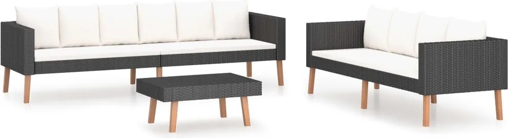 vidaXL Set mobilier de grădină cu perne, 3 piese, negru, poliratan