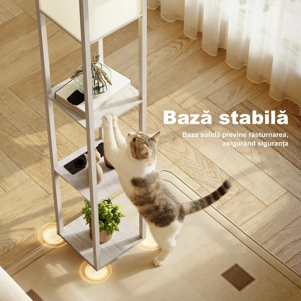 HOMCOM Lampă de Podea LED cu Rafturi, Lampă Modernă cu Comutator cu Pedală și Porturi USB, Lumină cu Culori Reglabile pentru Living și Dormitor, Stejar | Aosom Romania