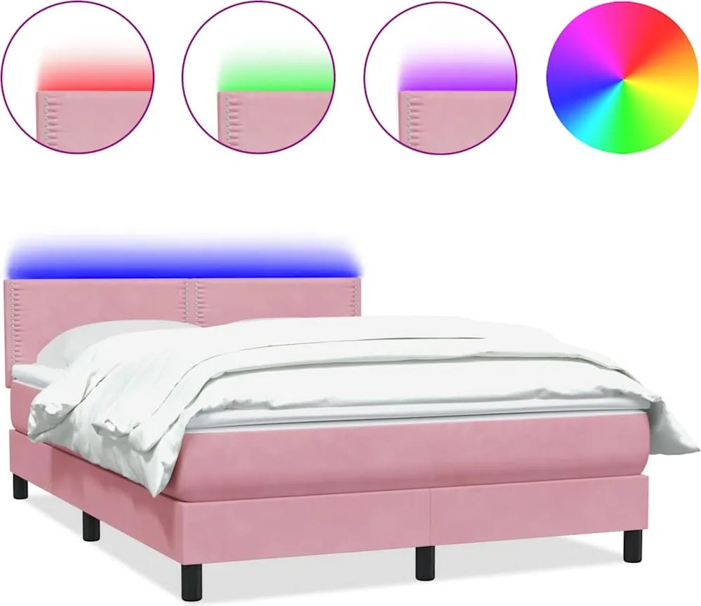 vidaXL Pat cu arcuri cu saltea și LED, roz, 160x210 cm, catifea