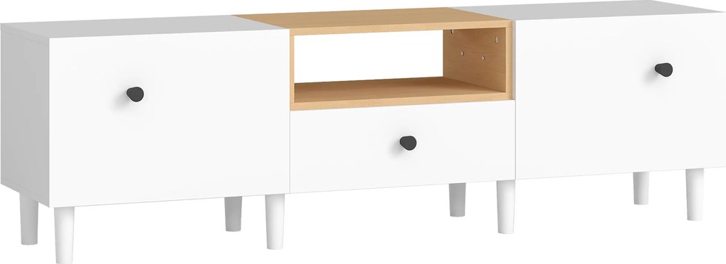 HOMCOM Mobilier TV, Suport TV până la 70" cu 2 Uși Rabatabile, Balamale Soft Close, Sertar, Raft Deschis, 8 Picioare pentru Sufragerie, Dormitor, 150x35x45 cm, Alb și Culoare Lemn | Aosom Romania