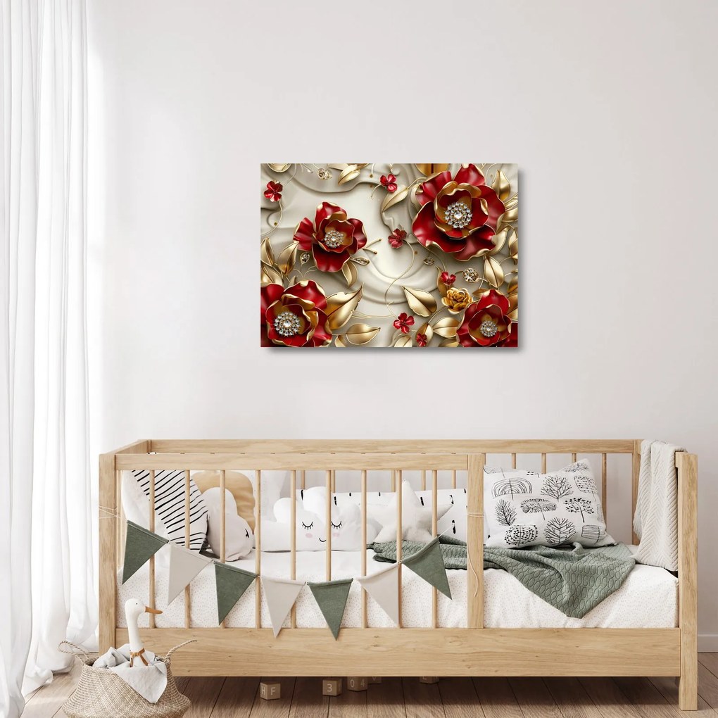 Tablou pe sticlă - Flori 3D Roșu-Auriu (70x50 cm)