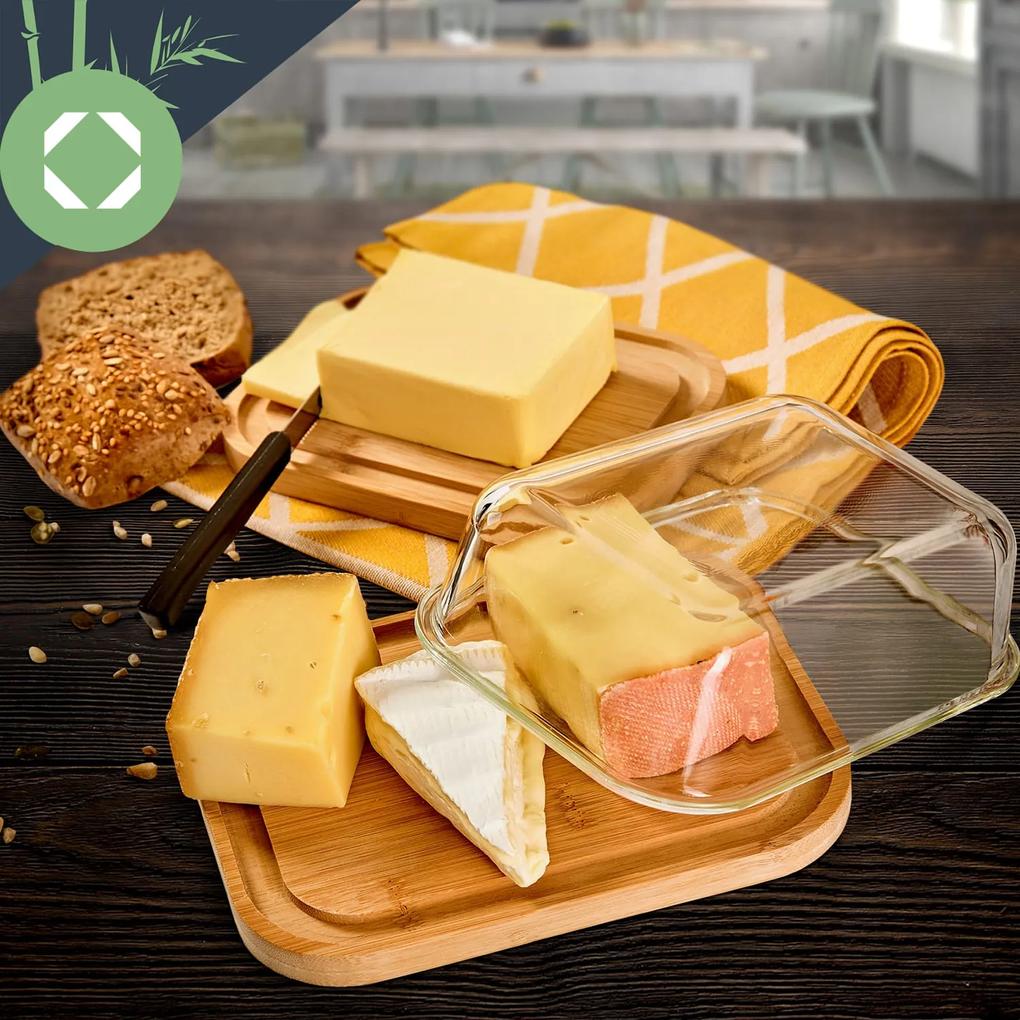 Recipient pentru brânză, sticlă, fund de bambus, etanș la aer, nu afectează gustul, se poate spăla în mașina de spălat vase