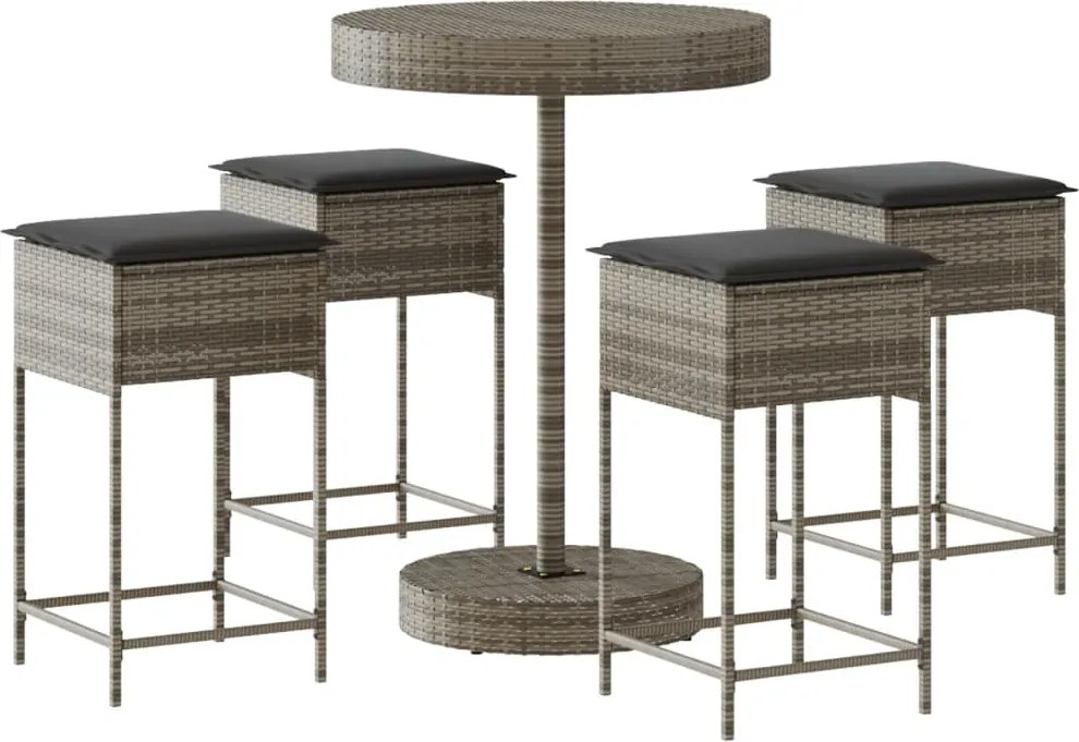 vidaXL Set mobilier bar de grădină, cu perne, 5 piese, gri, poliratan