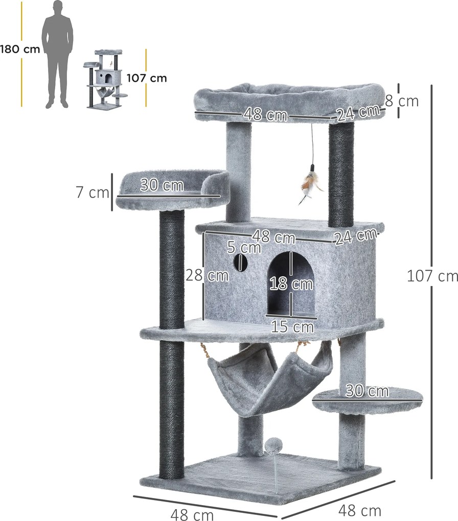 PawHut Arbore Răzuitoare pentru Pisici 48x48x107 cm Turn pentru Pisici cu Cavernă de Fetru Demontabilă Hamacă Paturi Platforme Gri | Aosom Romania