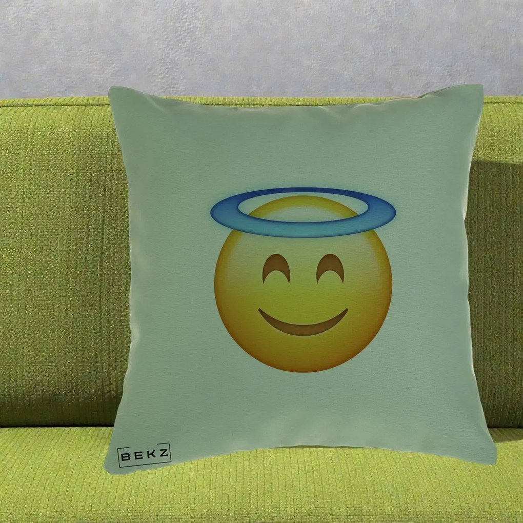 Perna Decorativa Emoji Inger cu Aureola, 40x40 cm, Verde, Husa Detasabila, Perna Inclusa, BEKZ®