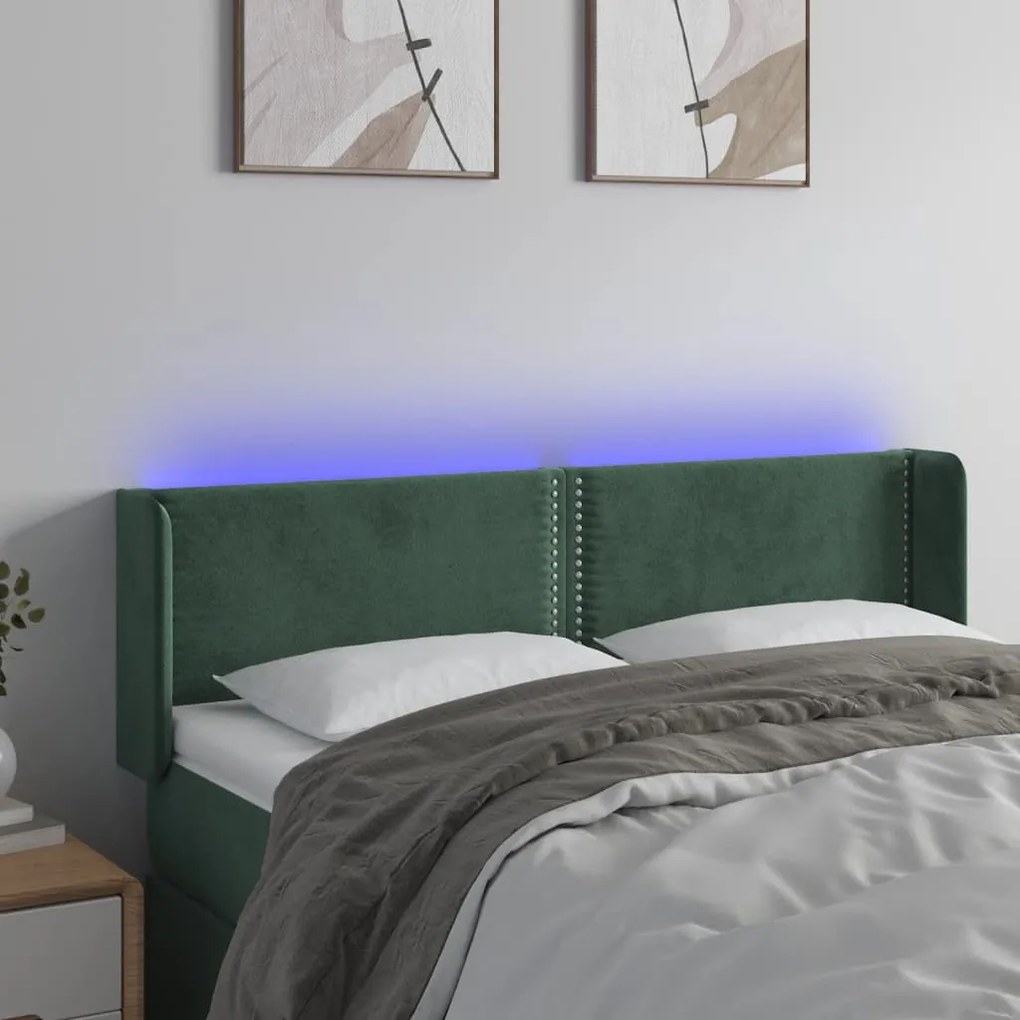 vidaXL Tăblie de pat cu LED, verde închis, 147x16x78/88 cm, catifea