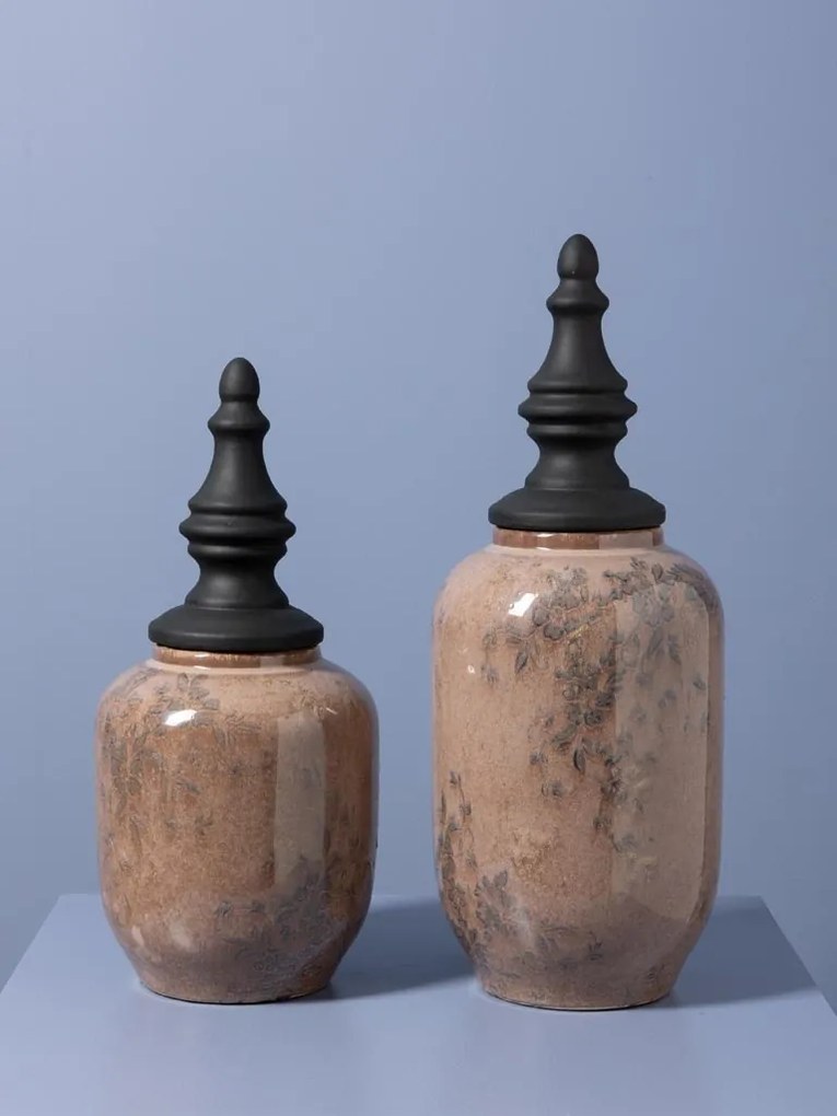 Borcan decorativ din ceramică artizanală roz cu capac negru sculptat, formă ovală, finisaj lucios, 46.5×18 cm, „Rosaire"